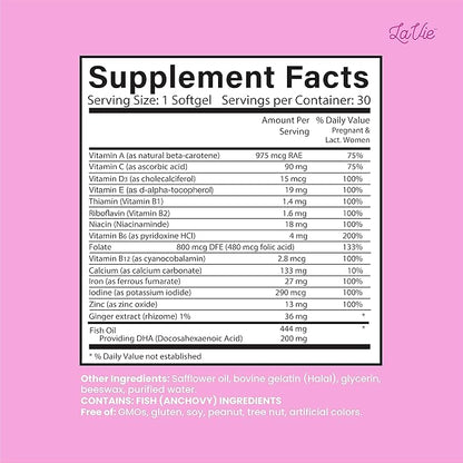 LaVie Prenatal Vitamins with Ginger, DHA, Folic Acid, & Iron - Pregnancy Must Haves for Baby's Brain & Body Development - Non-GMO, Gluten-Free Prenatals for Women (1 Month Supply)