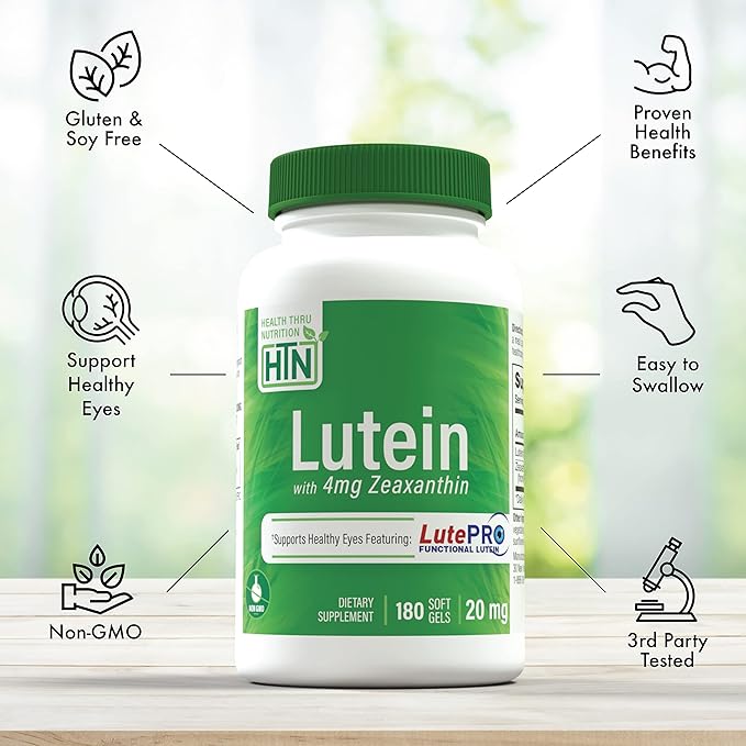 Lutein 20mg with Zeaxanthin 4mg 180 Softgels | All-Trans Marigold Extract in Nature Identical 5:1 Ratio | Supports Healthy Eye, Skin and Brain | Non-GMO Soy & Gluten Free | by Health Thru Nutrition