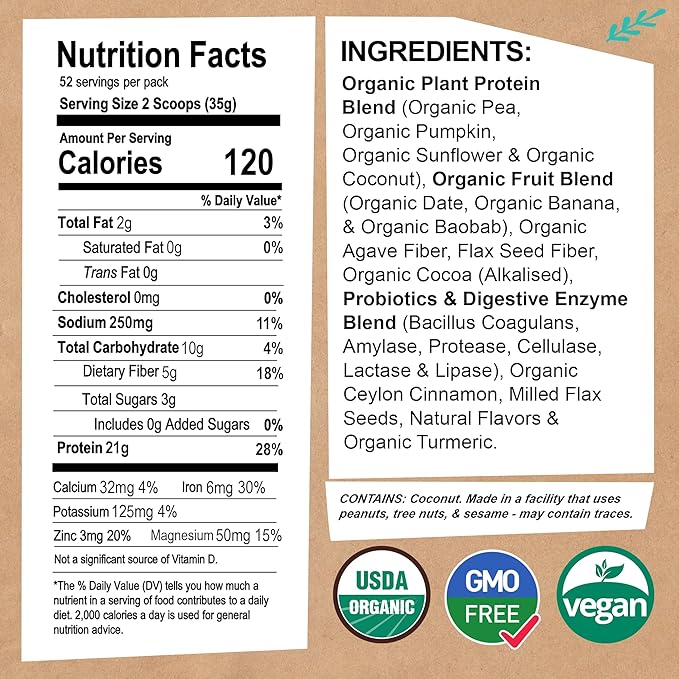 EarthChimp Organic Vegan Protein Powder - with Probiotics - Non GMO, Dairy Free, Non Whey, Plant Based Protein Powder for Women and Men, Gluten Free - 52 Servings, 64 Oz (Plain & Unsweetened)