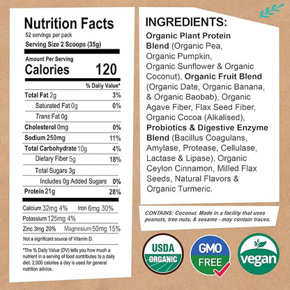 EarthChimp Organic Vegan Protein Powder - with Probiotics - Non GMO, Dairy Free, Non Whey, Plant Based Protein Powder for Women and Men, Gluten Free - 52 Servings, 64 Oz (Plain & Unsweetened)