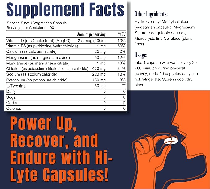 Hi-Lyte Electrolyte Replacement Capsules | Rapid Rehydration Supplement | Vegan & Keto Friendly | Gentle on Stomach | Magnesium, Potassium, Sodium | 100 Capsules