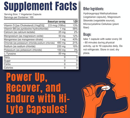 Hi-Lyte Electrolyte Replacement Capsules | Rapid Rehydration Supplement | Vegan & Keto Friendly | Gentle on Stomach | Magnesium, Potassium, Sodium | 100 Capsules