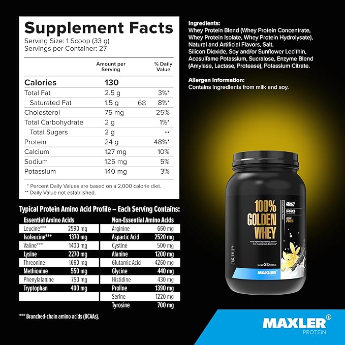 Maxler 100% Golden Whey Protein - 24g of Premium Whey Protein Powder per Serving - Pre, Post & Intra Workout - Fast-Absorbing Whey Hydrolysate, Isolate & Concentrate Blend - French Vanilla 2 lbs