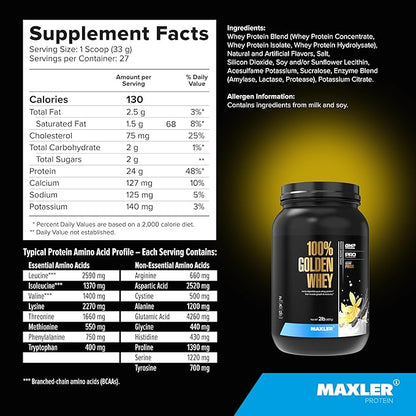 Maxler 100% Golden Whey Protein - 24g of Premium Whey Protein Powder per Serving - Pre, Post & Intra Workout - Fast-Absorbing Whey Hydrolysate, Isolate & Concentrate Blend - French Vanilla 2 lbs