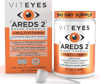 Viteyes AREDS 2 Powder + Multivitamin All-in-One, Macular Protection, Alternative to AREDS 2 chewables, No Pills, Lutein & Zeaxanthin, AREDS 2 Eye Vitamins Drink, Natural Orange Flavor, 90 Scoops