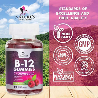 B12 Gummies, Extra Strength Energy 3000 mcg Vitamin B12, B-12 Energy Metabolism & Immune System Support, Chewable Supplement for Adults & Kids, Caffeine Free, Berry Flavored Gummy, Vegan - 60 Count