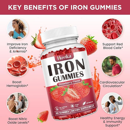 Iron Gummies Supplement for Women & Men, Kids Iron Supplements for Anemia with Vitamin C, B12, Folate - Blood Builder & Energy Support for Iron Deficiency - Sugar Free Strawberry Flavor, 60 Gummies