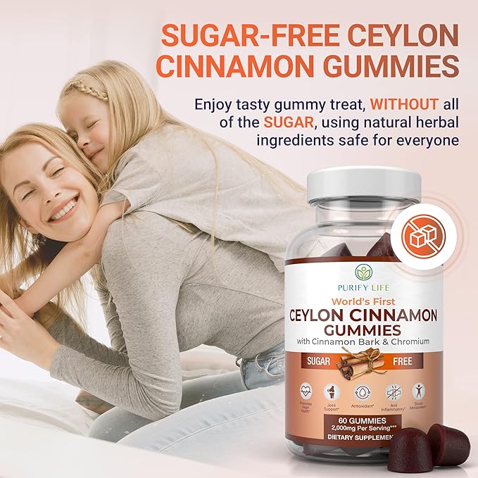 Sugar-Free Ceylon Cinnamon Gummies (2,000mg/Serving) Joint Pain Support Cinnamon Supplement & Brain Health, Vegan, Gluten-Free, Replace Ceylon Cinnamon Capsules, Pills, Powder Extract 60 Chews