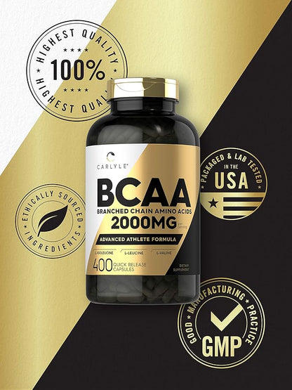 Carlyle BCAA Amino Acids Capsules | 2000mg | 400 BCAA Capsules | Non-GMO, Gluten Free Branch Chain Amino Acids Supplements