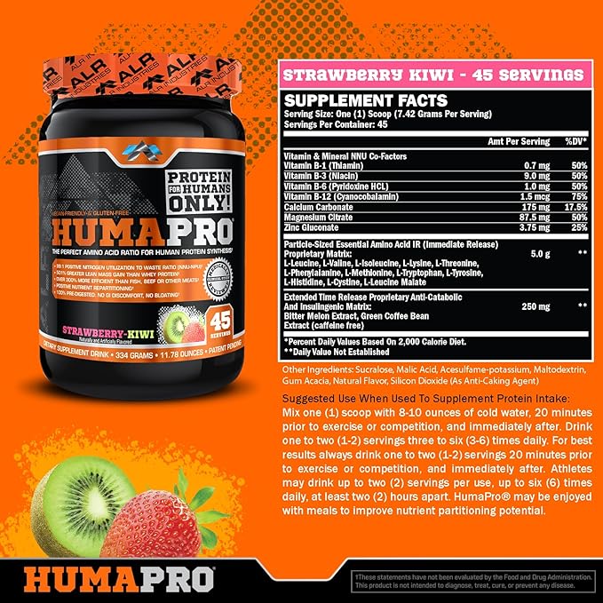 Humapro | Amino Acids Protein Matrix for Humans | 99% Utilization for Lean Muscle | Vegan, Gluten Free | 334g / 45 Servings (Strawberry Kiwi)