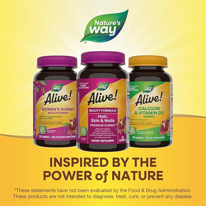 Nature's Way Alive! Hair, Skin & Nails Premium Gummies, Beauty Formula*, with Collagen, Biotin, Vitamins C & E, Strawberry Flavored, 60 Gummies (Packaging May Vary)