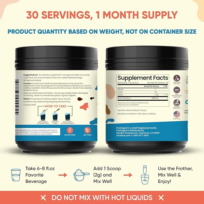 Sandhu's Bovine Colostrum Powder for Humans, Adults | 30 Servings Grass Fed Cows Supplement | High IgG for Best Gut Health | Immunity & Muscle Recovery Support | Unflavored Moo Superfood