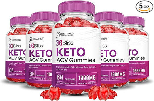(5 Pack) Bliss Keto ACV Gummies Advanced Formula 1000MG X 10 Bliss Keto Gummies Apple Cider Vinegar Boost Formulated with Pomegranate Beet Juice Powder B12 Vegan Non GMO 300 Gummys