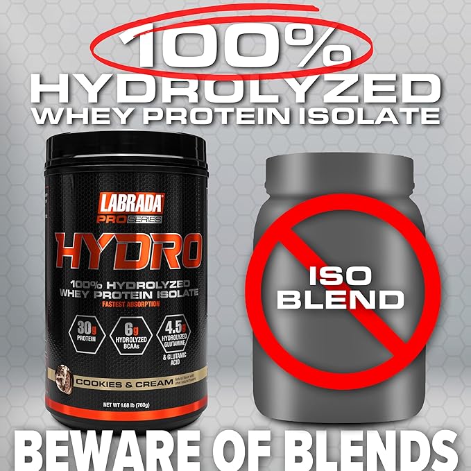 Labrada Hydro 100% Pure Hydrolyzed Whey Protein Isolate Powder, Lactose free, 6g BCAA’s, 4.5g Glutamine, Fastest Digesting Whey Available, Instant Mixing, Delicious Taste 20 Servings (Cookies & Cream)