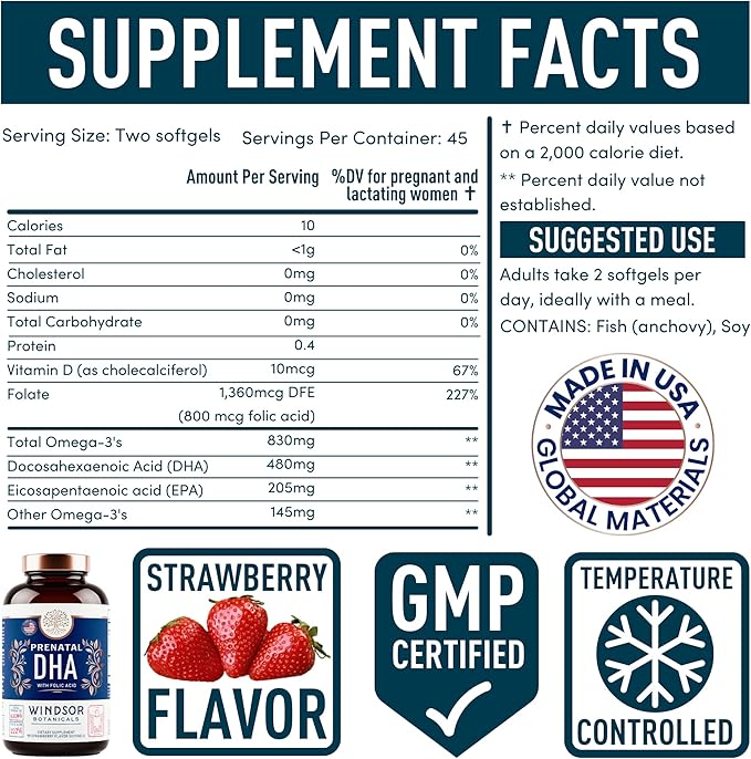 Prenatal Vitamins with DHA and Folic Acid - Fetal Development and Pregnancy Support - High-Potency Prenatal Vitamins For Women DHA and EPA Omega-3s D3 Prenatal DHA Fish Oil - 90 Strawberry Softgels