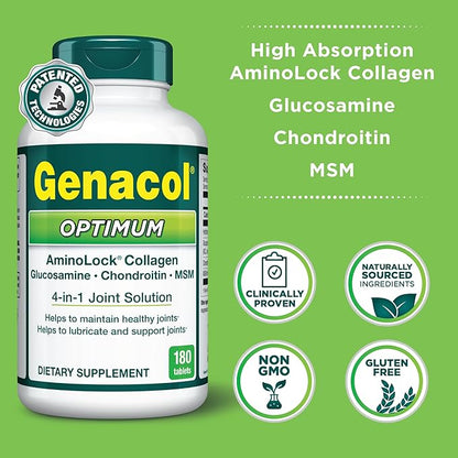 Genacol Glucosamine, Chondroitin, MSM and Collagen Joint Support Supplement for Men & Women Joint Health Patented Formula | Glucosamina Condroitina y Colageno Optimum 180 Tablets