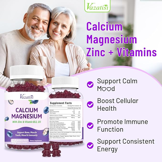 Calcium Magnesium Zinc Gummies with Vitamin D3 and B12, Immune Support Calcium Supplements for Women Men, 60 Vegan Blueberry Flavor Gummies