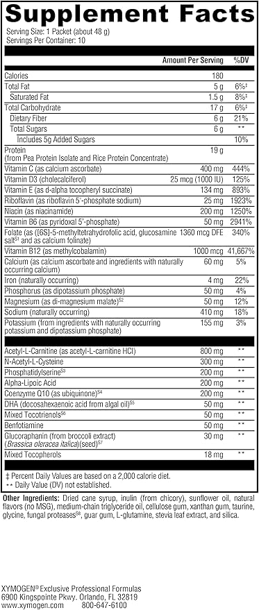 XYMOGEN BrainSustain Powder - Memory + Brain Support Drink with 19g Pea Protein, B Vitamins, Minerals, Amino Acids, Phosphatidylserine, DHA + CoQ10 - Vanilla Delight (10 Packets)
