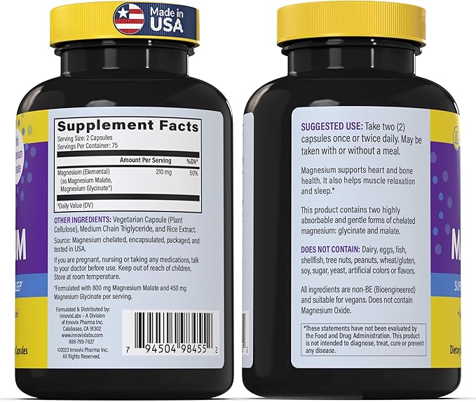InnovixLabs Advanced Magnesium Capsules - 150 Ct, 210 mg - Chelated Magnesium Glycinate and Malate, High Absorption, Promotes Relaxation, Bones, Muscle Health, Vegan Magnesium Malate Sleep Supplement