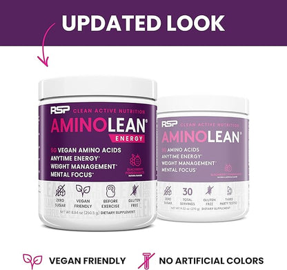 RSP NUTRITION AminoLean Pre Workout Powder, Amino Energy & Weight Management with Vegan BCAA Amino Acids, Natural Caffeine, Preworkout Boost for Men & Women, 30 Serv