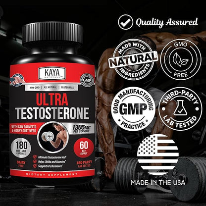 Kaya Naturals UltraTest- Men's T Booster with Tongkat Ali, Horny Goat Weed, Tribulus - Natural Workout Supplement for Energy, Stamina, and Strength Booster - 180 Count