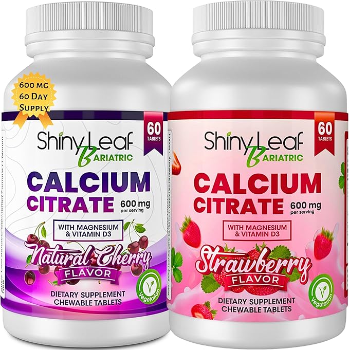 Shiny Leaf Bariatric Calcium Citrate 600mg - Supplement for Bariatric Surgery Patients, 2 x 60 Ct Chewable Calcium Tablets with Magnesium, Vitamin D3, Vegetarian - Cherry & Strawberry Flavors