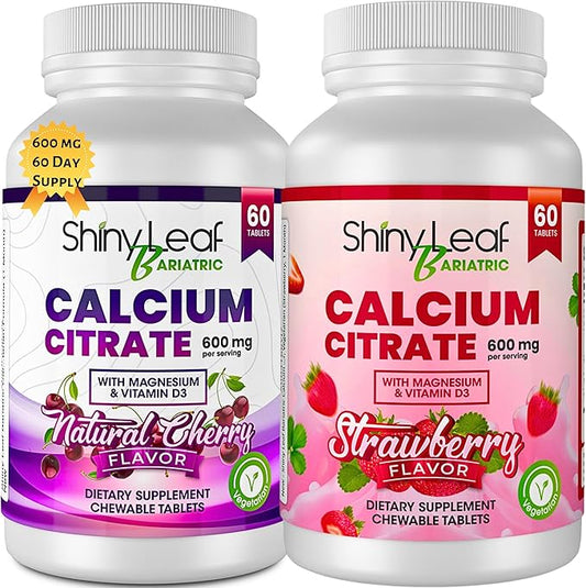 Shiny Leaf Bariatric Calcium Citrate 600mg - Supplement for Bariatric Surgery Patients, 2 x 60 Ct Chewable Calcium Tablets with Magnesium, Vitamin D3, Vegetarian - Cherry & Strawberry Flavors