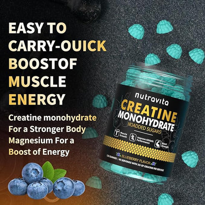 Creatine Monohydrate Gummies for Men & Women-5g of Creatine Monohydrate per Serving - Sugar Free,Vegan, Blueberry Flavor, 120 Count