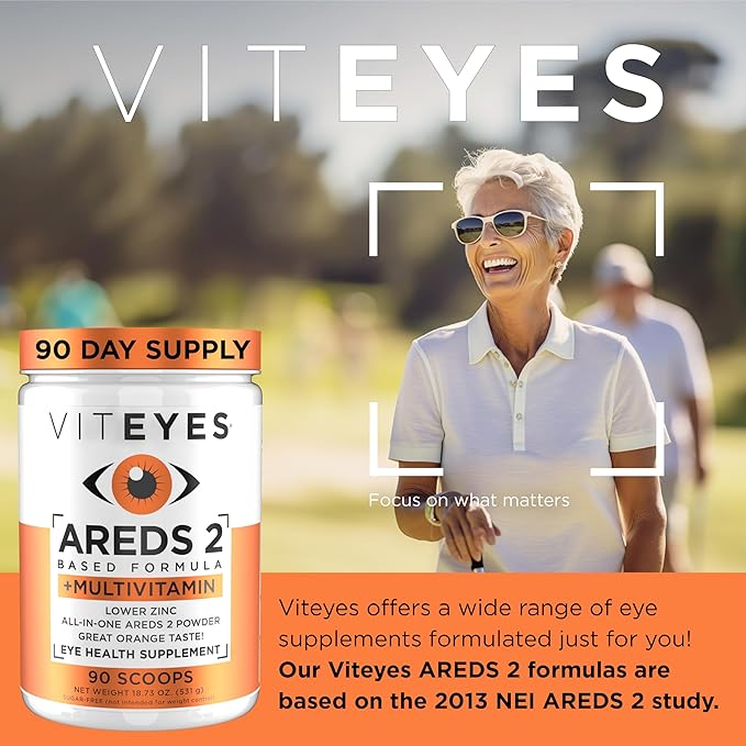 Viteyes AREDS 2 Powder + Multivitamin All-in-One, Macular Protection, Alternative to AREDS 2 chewables, No Pills, Lutein & Zeaxanthin, AREDS 2 Eye Vitamins Drink, Natural Orange Flavor, 90 Scoops