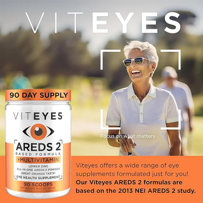 Viteyes AREDS 2 Powder + Multivitamin All-in-One, Macular Protection, Alternative to AREDS 2 chewables, No Pills, Lutein & Zeaxanthin, AREDS 2 Eye Vitamins Drink, Natural Orange Flavor, 90 Scoops