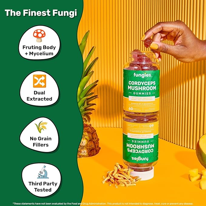 Fungies Cordyceps Mushroom Gummies, Mango & Pineapple Flavor - Mushroom Herbal Supplement Gummy for Adults Supports Endurance, Energy & Performance - Caffeine-Free Energy Gummies - 60 Servings
