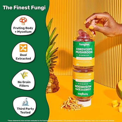 Fungies Cordyceps Mushroom Gummies, Mango & Pineapple Flavor - Mushroom Herbal Supplement Gummy for Adults Supports Endurance, Energy & Performance - Caffeine-Free Energy Gummies - 60 Servings