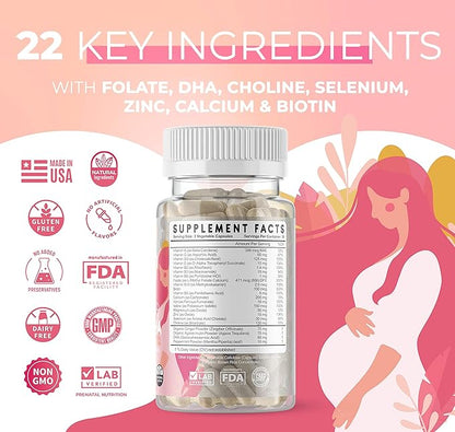 Feed Mom & Me Prenatal Vitamin + DHA, 22 Vitamins & Minerals for Baby’s Development & Mom Nourishment: Folate, Selenium, Iron, Choline, Vitamin C, D3, Calcium, Gluten & Soy Free, NON-GMO 30 Day Supply