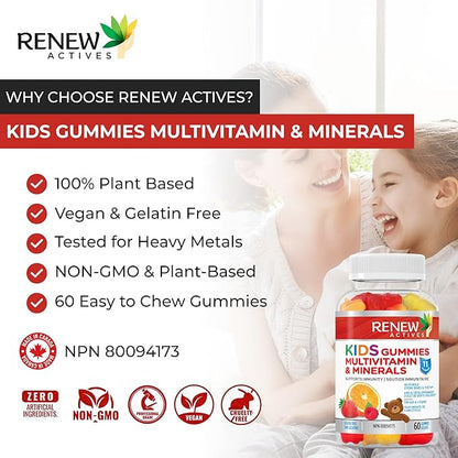 Renew Actives Kids Multivitamin Gummies – Promotes Health & Wellness – Supports Healthy Hair, Skin, Nails, Eyesight, Strong Bones, Teeth & Gums – Tasty, Nutrient-Rich for Growing Kids – 60 Gummies