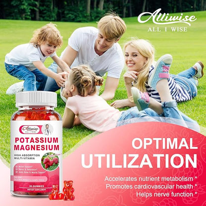 Potassium Magnesium Supplement Gummies with Potassium Citrate 200mg + Magnesium Glycinate 500mg for Bone & Muscle Relaxation,Mood & Energy Support.High Absorption Vitamin B6, D3, C.Raspberry Flavor