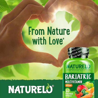 NATURELO Bariatric Multivitamin - One Daily with Iron - Supplement for Post Gastric Bypass Surgery Patients - Natural Whole Food Nutrition - 60 Veggie Capsules