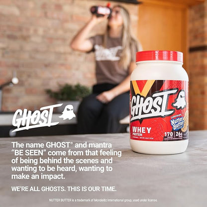 GHOST Whey Protein Powder, Nutter Butter Chocolate - 2LB Tub, 26G of Protein - Chocolate Peanut Butter Cookie Flavored Isolate, Concentrate & Hydrolyzed Whey Protein Blend