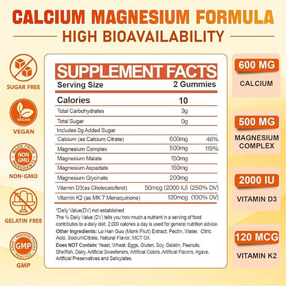 Calcium Magnesium Supplement Gummies for Adults: Calcium Citrate 600 mg with Vitamin D3 & K2 for Women Men - Supports B0ne Strength, Better Zzz, Muscles, Energy & Immune (120 Count)