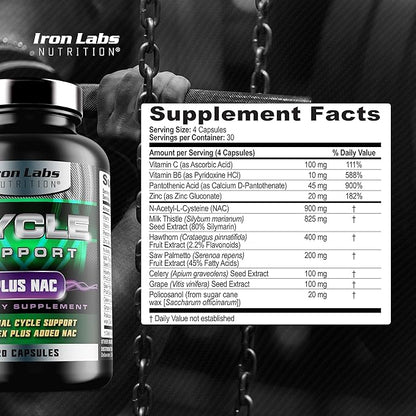 Iron Labs Nutrition: Cycle Support Plus NAC (N-Acetyl-L-Cysteine) - Kidney and Liver Support Supplement - On Cycle Support Supplements for Men - N Acetyl L Cysteine and Milk Thistle (120 Capsules)