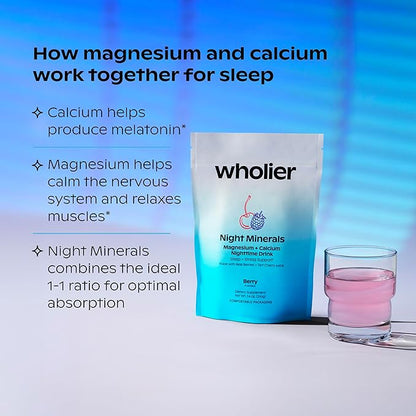 Wholier Magnesium Glycinate & Magnesium Citrate, Tart Cherry Juice, Chelated Calcium. Calming Nighttime Drink. Night Minerals.(30 Servings) Compostable Pouch