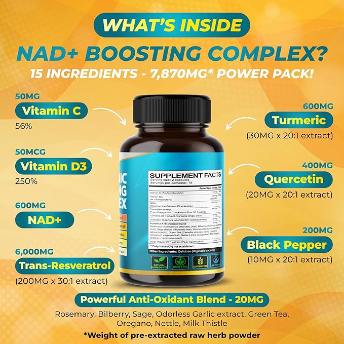 VEGATOT NAD+ Boosting Complex - NAD Supplements for Women & Men 15-in-1 Formula with Resveratrol Turmeric Quercetin Rosemary Bilberry Sage Green Tea