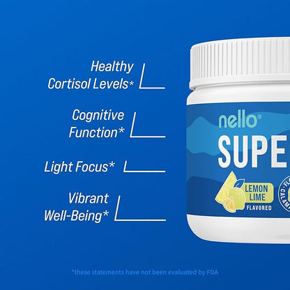 Nello Supercalm Powdered Drink Mix, Lemon Lime, L Theanine, Ksm-66 Ashwagandha, Magnesium Glycinate, Vitamin D 3, Supplements for Relaxation & Focus, Natural, No Sugar, Non GMO, Vegan, 30 Srvgs