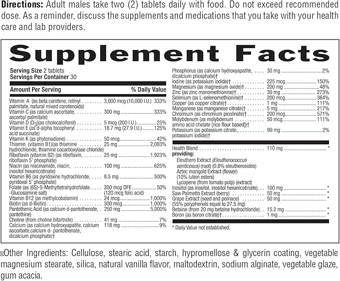 Country Life Max for Men, Multivitamin & Mineral Complex, Iron-Free, Vegetarian Tablets, 60 Count, Certified Gluten Free, Certified Vegetarian