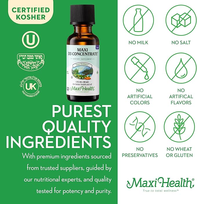 Maxi Health Vitamin D3 Concentrate - 1000 IU Per Drop - Dietary Supplement - Supports Calcium Absorption, Immune Health and Bone Health in Adult Women & Men (1 fl oz)