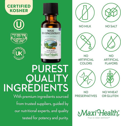 Maxi Health Vitamin D3 Concentrate - 1000 IU Per Drop - Dietary Supplement - Supports Calcium Absorption, Immune Health and Bone Health in Adult Women & Men (1 fl oz)