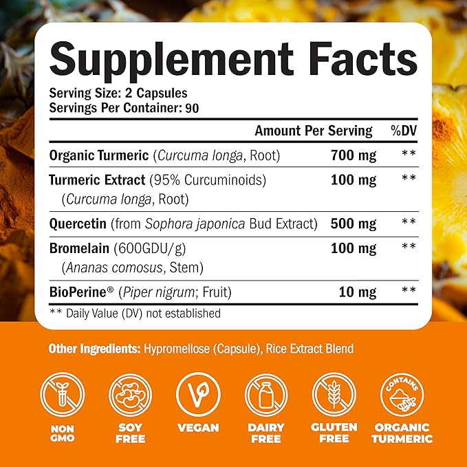 Quercetin with Bromelain Turmeric Supplement - Quercetin 500mg Capsules with Curcumin & Bromelain powder for Allergy & Joint Support. Turmeric Curcumin Bromelain Supplement. 180 Vegan Tumeric Capsules