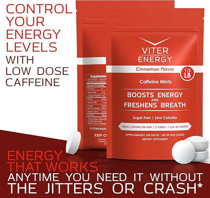 Viter Energy Caffeinated Mints 40mg Caffeine, B Vitamins, Sugar Free. (Cinnamon, 8oz, Bulk Bag)