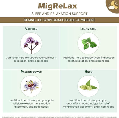 MigReLax | Doctor Formulated Natural Supplement for Migraine Relief and Tension Headache Needs | Relaxation and Sleep During Migraine Headache Days with Valerian | Lemon Balm | Passion Flower & Hops