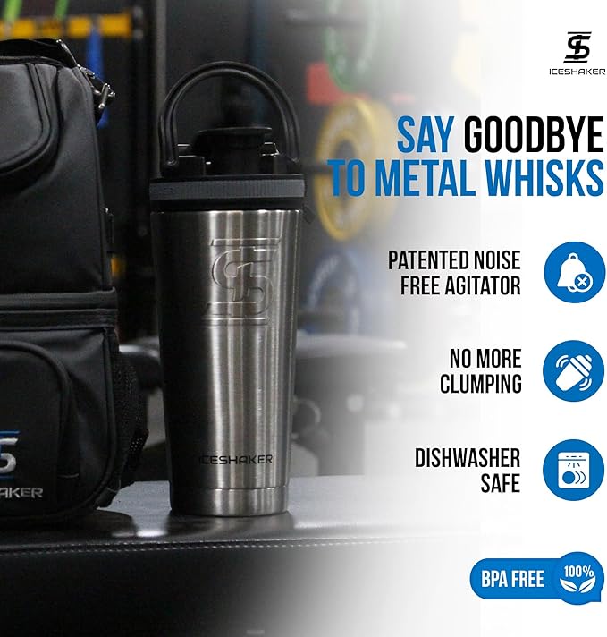 Ice Shaker Insulated Stainless Steel Shaker Bottle | 26oz , Stainles Steel | Cold for 30+ Hours | Insulated Cup with Twist-on Agitator | Odor-Free Shaker Cup for Protein Shakes, Water, Smoothies, Cocktails