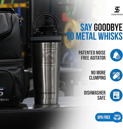 Ice Shaker Insulated Stainless Steel Shaker Bottle | 26oz , Stainles Steel | Cold for 30+ Hours | Insulated Cup with Twist-on Agitator | Odor-Free Shaker Cup for Protein Shakes, Water, Smoothies, Cocktails